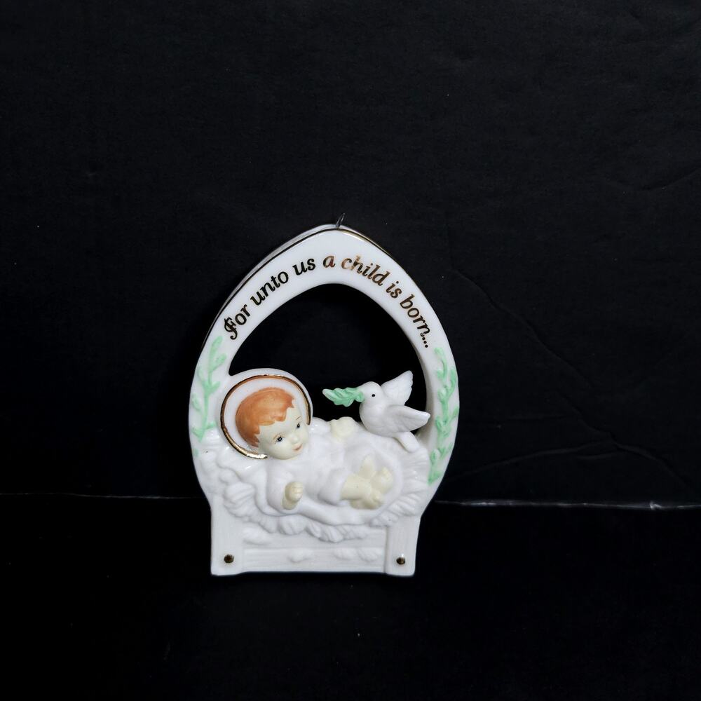 Vtg AGC Baby Jesus Christmas Ornament For Unto Us a Child Born Porcelain 2001